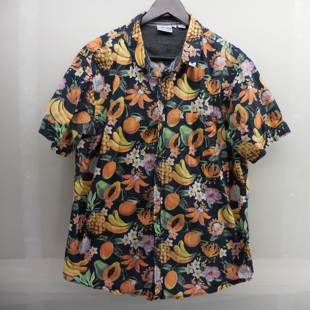 Ron Jon Surf Shop Mens XL Tropical Fruit Floral Button Down Shirt Cotton Black